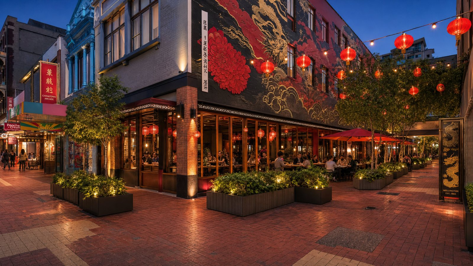 Left Bank on Cuba Street reimagined: a lantern-lit laneway alive with people and food