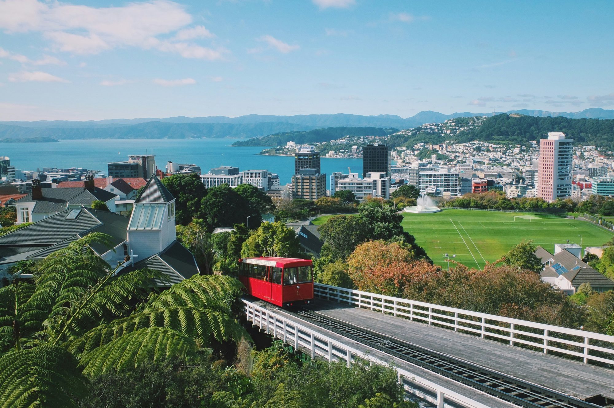 The Wellington Cable Car climbing above the harbour and city, Te Whanganui-a-Tara
